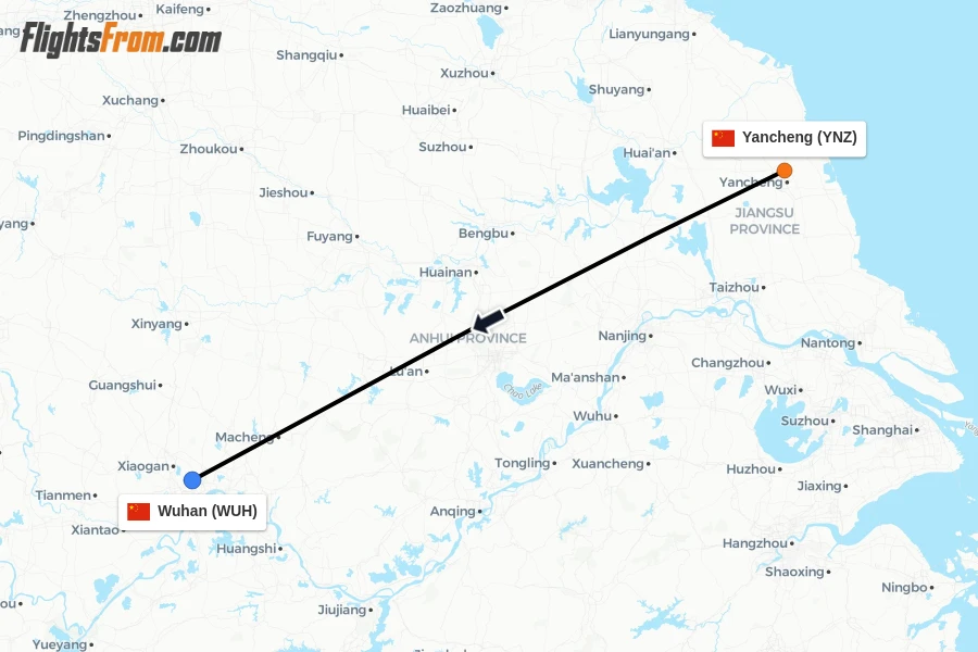 Flights from Yancheng to Wuhan route map