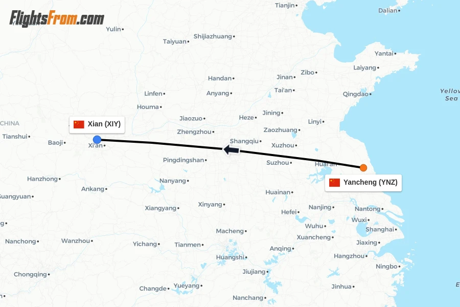 Flights from Yancheng to Xian route map