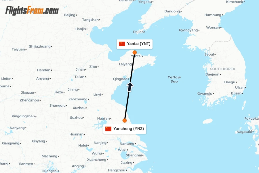 Flights from Yancheng to Yantai route map