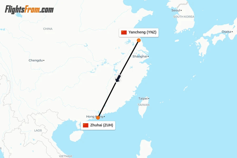 Flights from Yancheng to Zhuhai route map