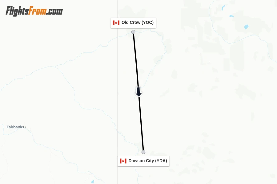 Flights from Old Crow to Dawson City route map