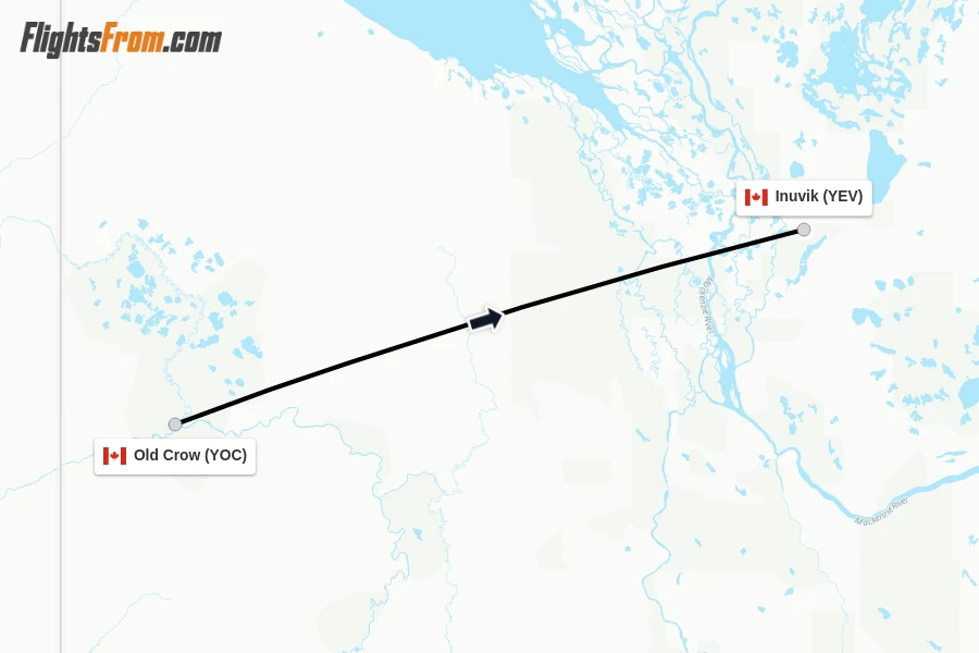 Flights from Old Crow to Inuvik route map
