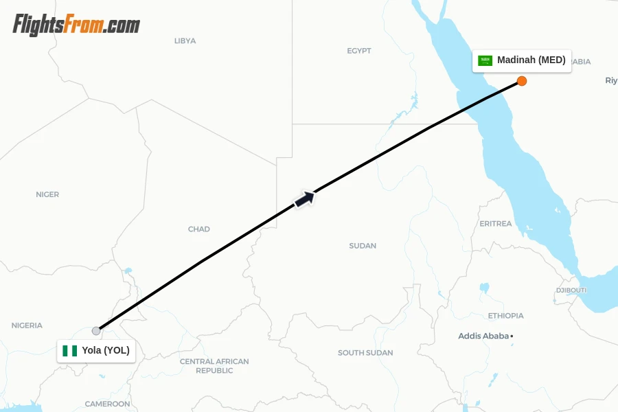 Flights from Yola to Madinah route map
