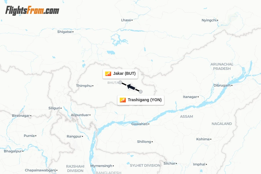Flights from Trashigang to Jakar route map