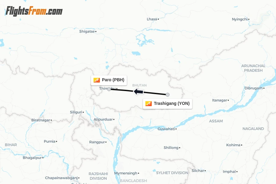 Flights from Trashigang to Paro route map