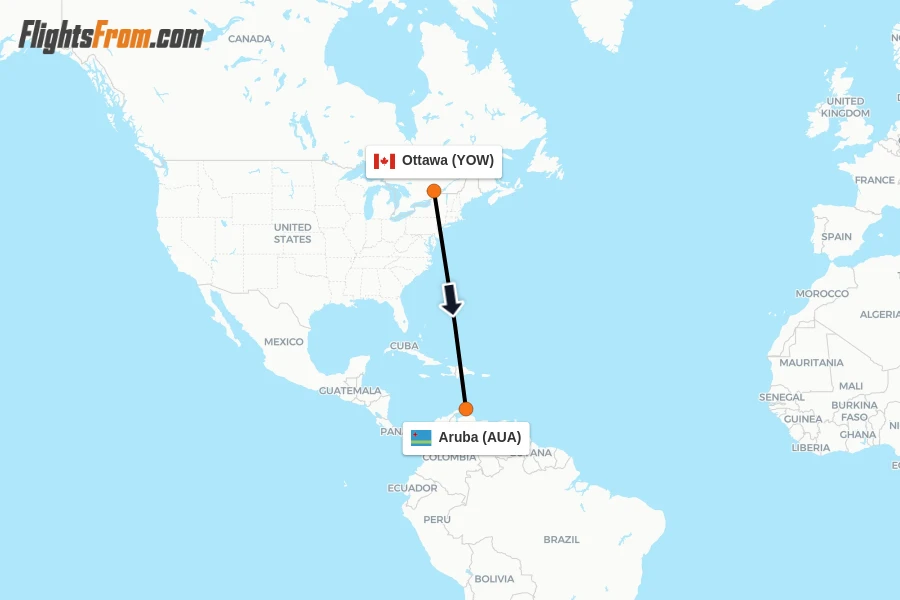 Flights from Ottawa to Aruba route map