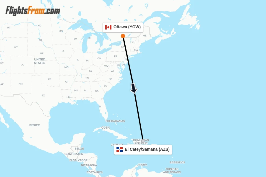 Flights from Ottawa to El Catey/Samana route map