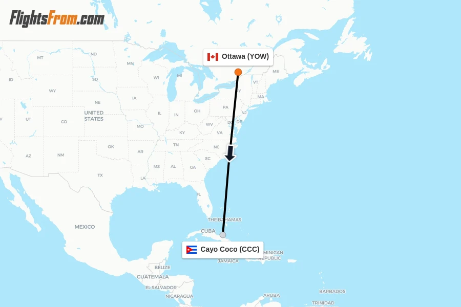 Flights from Ottawa to Cayo Coco route map