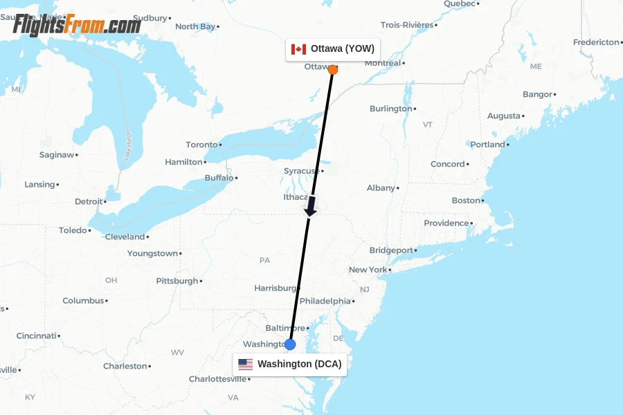 Flights from Ottawa to Washington route map