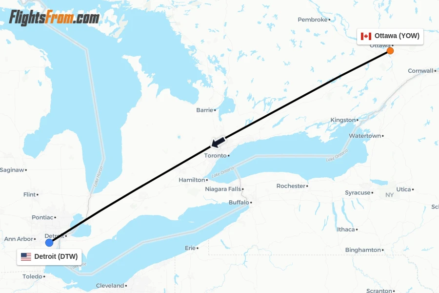 Flights from Ottawa to Detroit route map