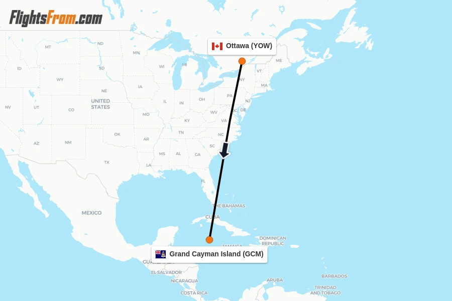 Flights from Ottawa to Grand Cayman Island route map