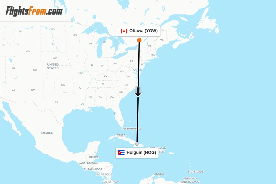 Flights from Ottawa to Holguin route map