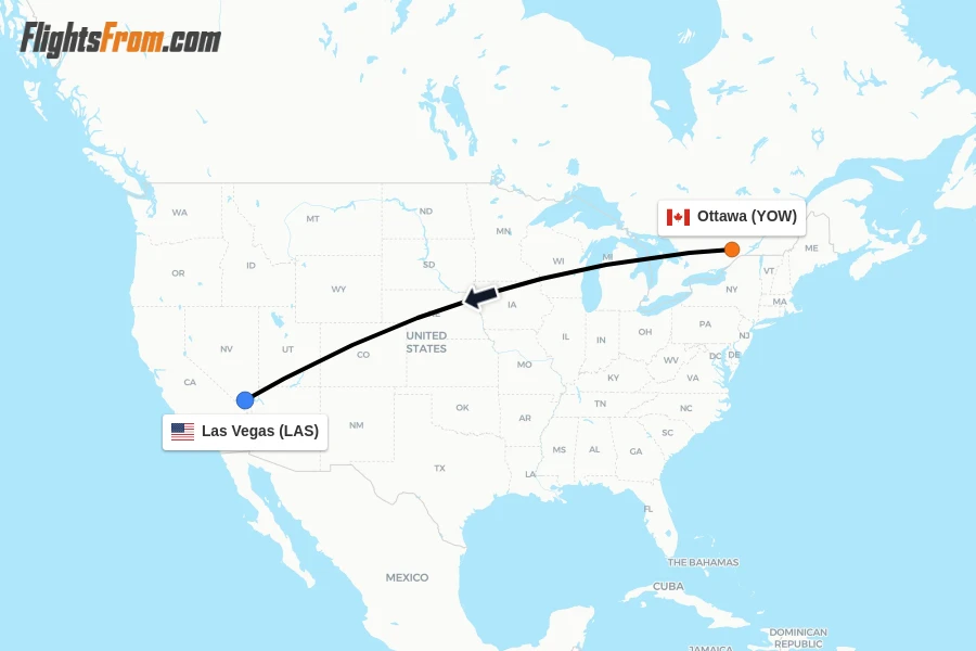 Flights from Ottawa to Las Vegas route map