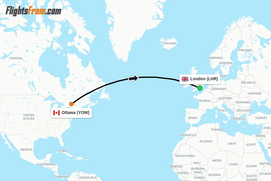 Flights from Ottawa to London route map