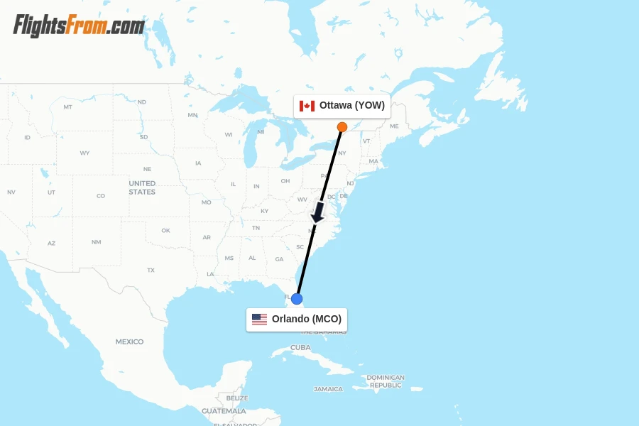 Flights from Ottawa to Orlando route map
