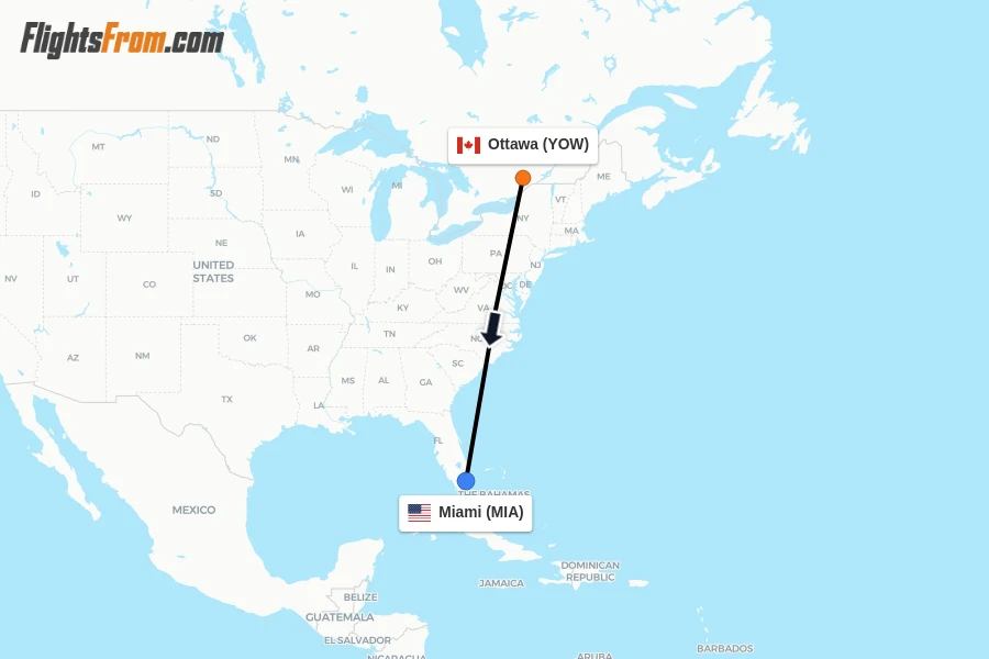 Flights from Ottawa to Miami route map
