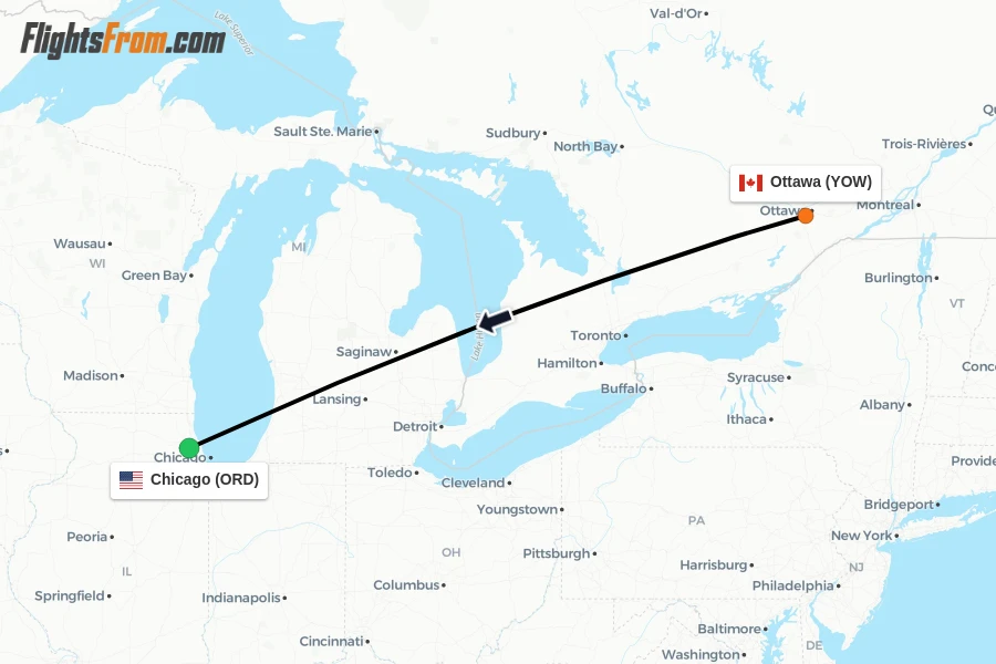 Flights from Ottawa to Chicago route map
