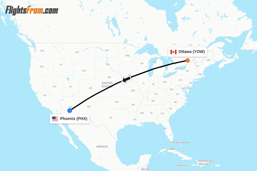 Flights from Ottawa to Phoenix route map