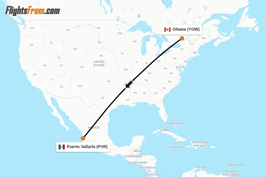Flights from Ottawa to Puerto Vallarta route map