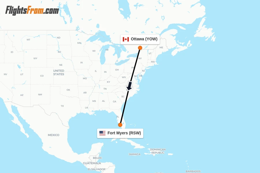 Flights from Ottawa to Fort Myers route map