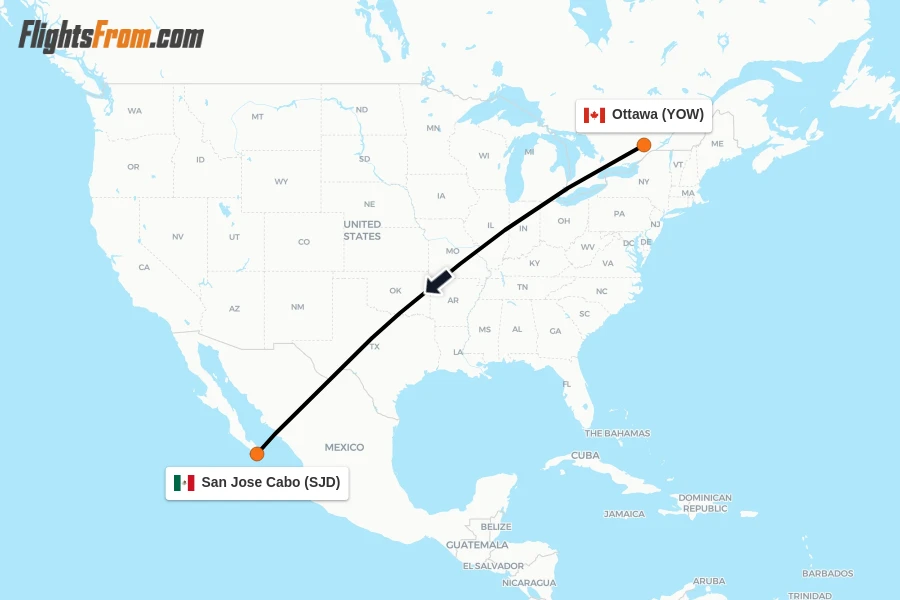 Flights from Ottawa to San Jose Cabo route map