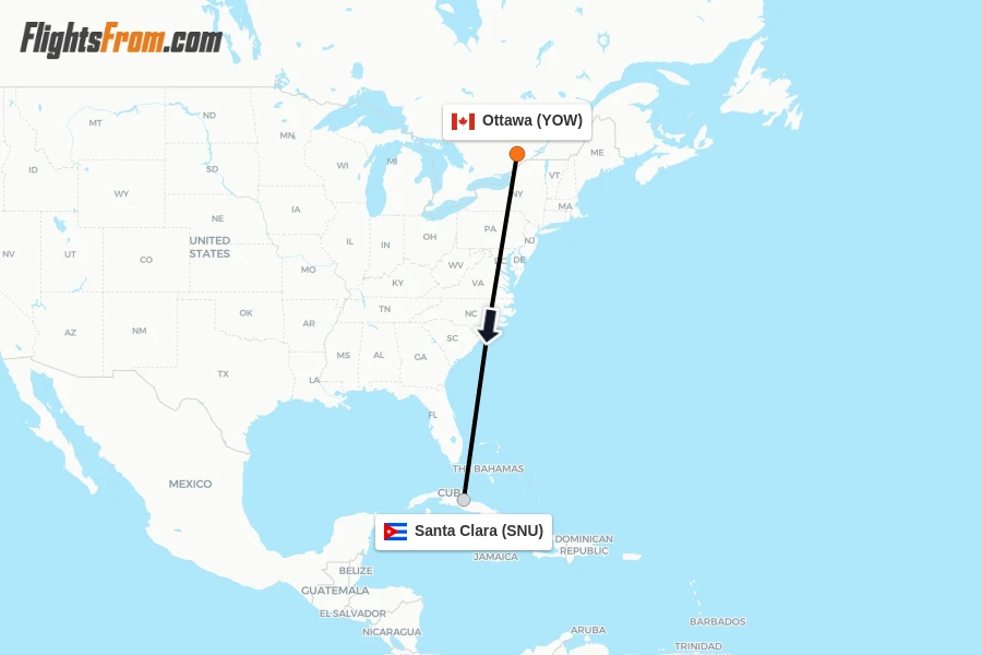 Flights from Ottawa to Santa Clara route map