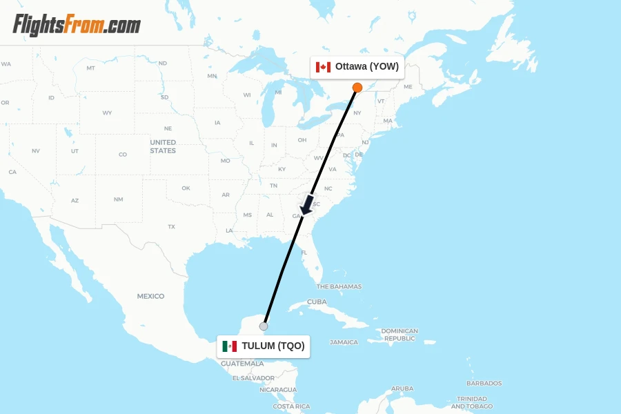 Flights from Ottawa to TULUM route map