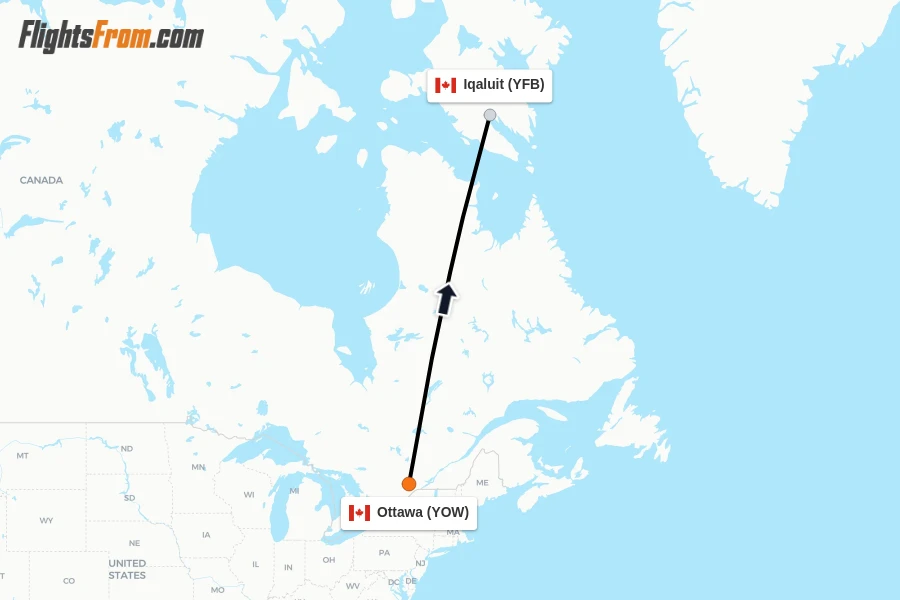 Flights from Ottawa to Iqaluit route map