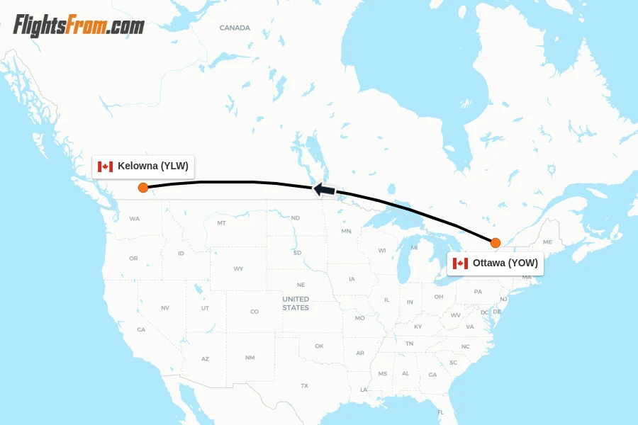 Flights from Ottawa to Kelowna route map