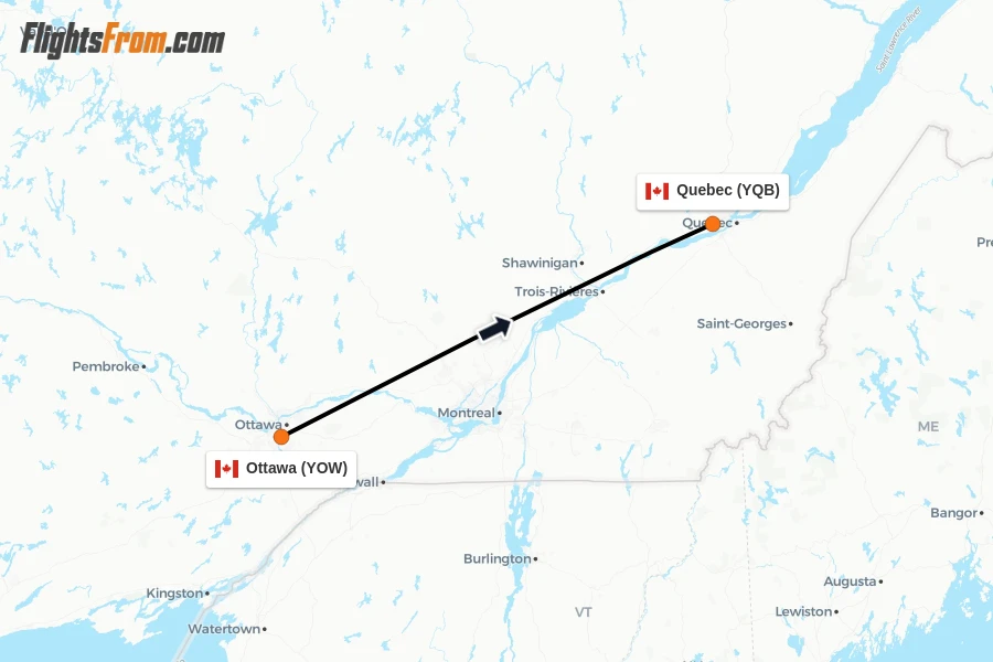 Flights from Ottawa to Quebec route map