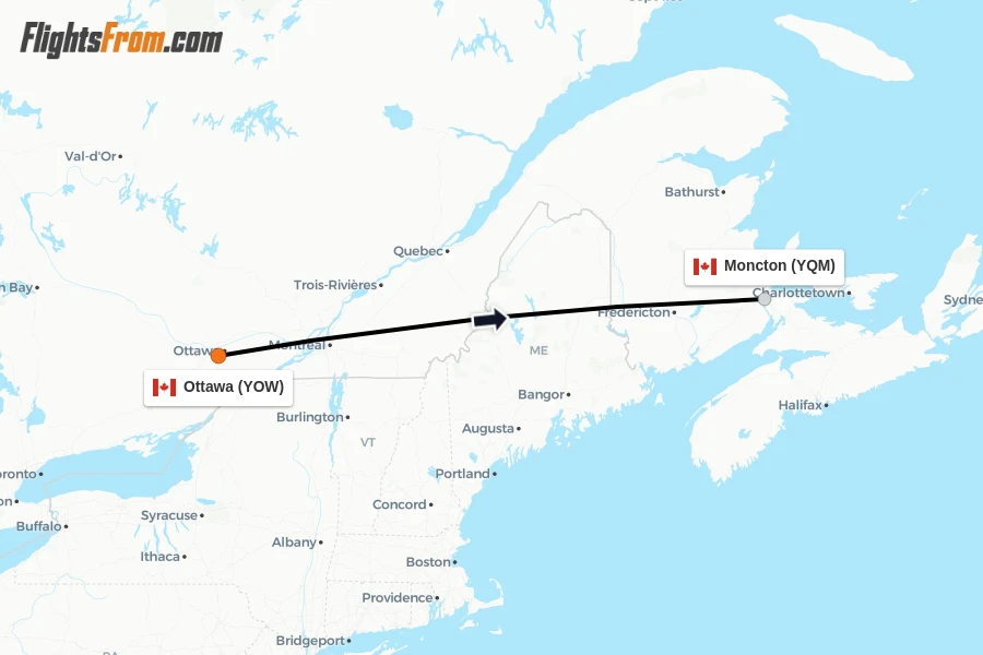 Flights from Ottawa to Moncton route map