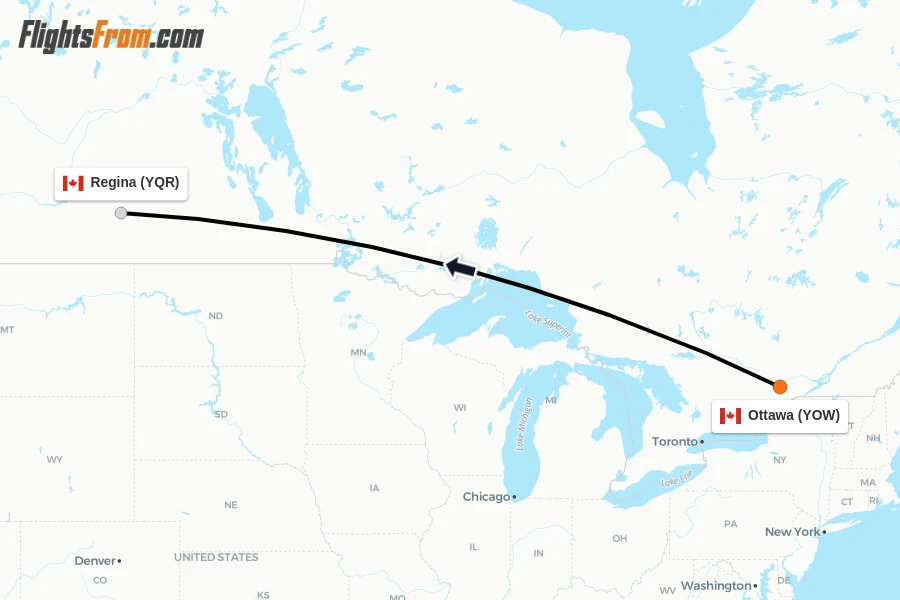 Flights from Ottawa to Regina route map