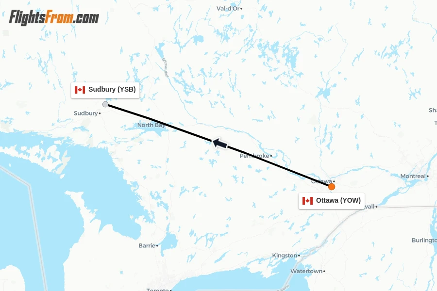 Flights from Ottawa to Sudbury route map