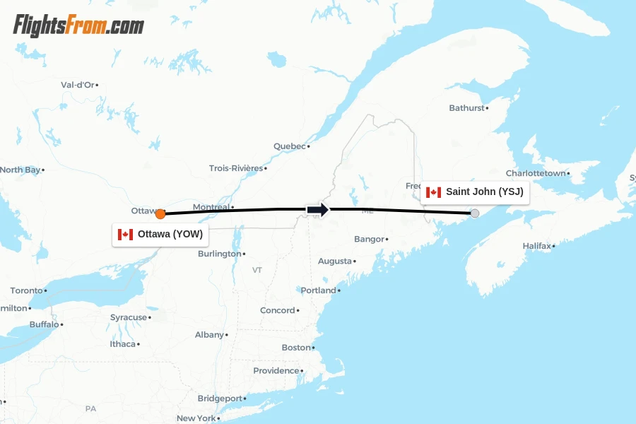 Flights from Ottawa to Saint John route map