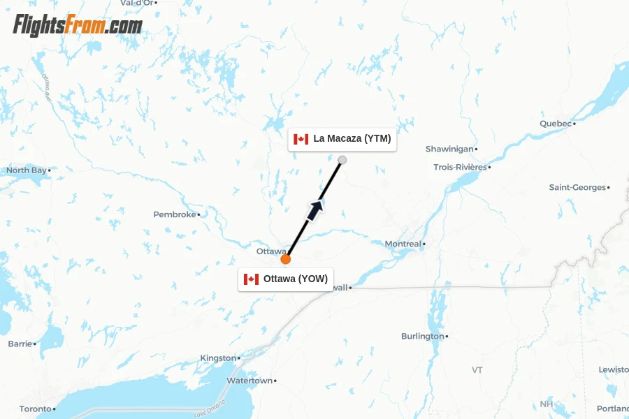 Flights from Ottawa to La Macaza route map