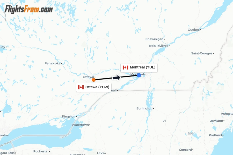 Flights from Ottawa to Montreal route map