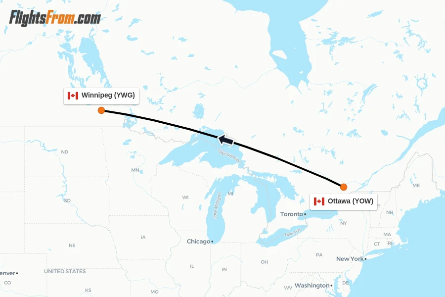 Flights from Ottawa to Winnipeg route map