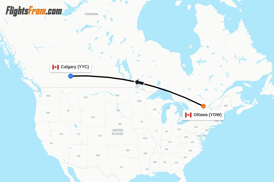 Flights from Ottawa to Calgary route map