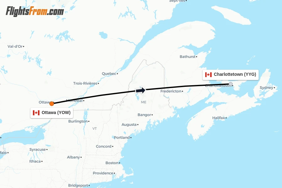 Flights from Ottawa to Charlottetown route map