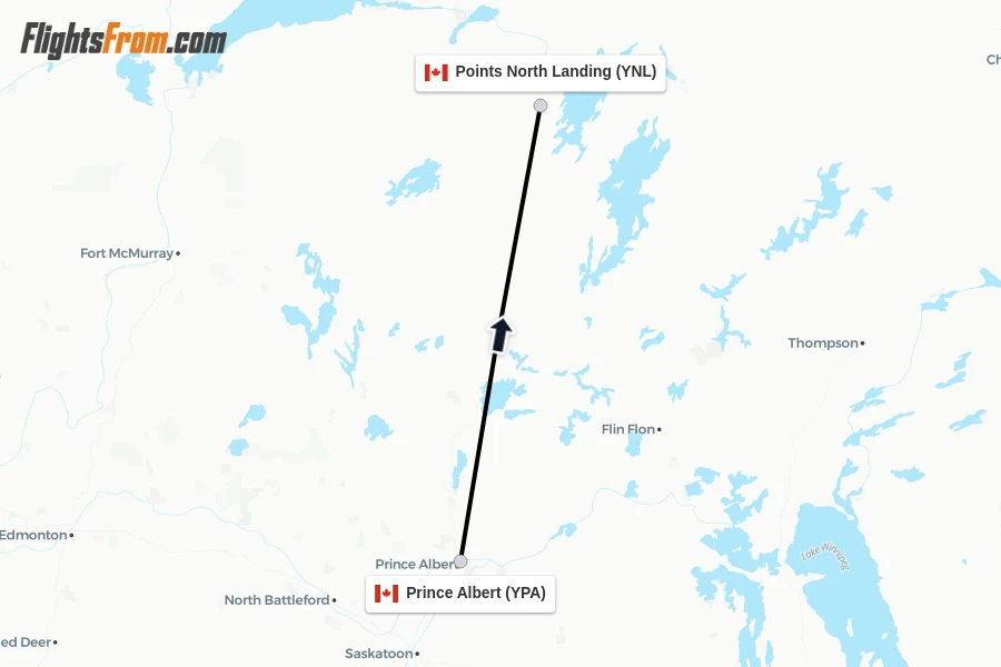 Flights from Prince Albert to Points North Landing route map