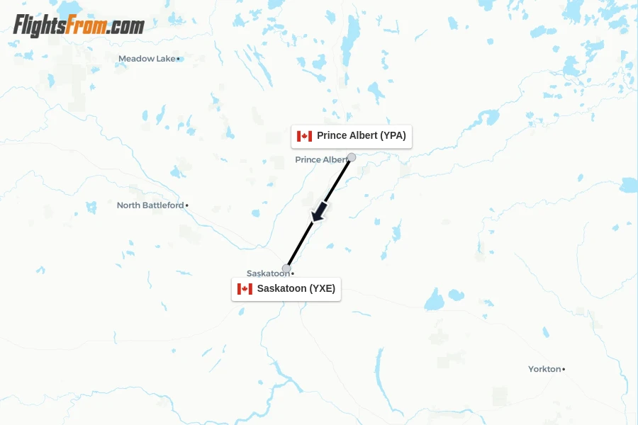 Flights from Prince Albert to Saskatoon route map