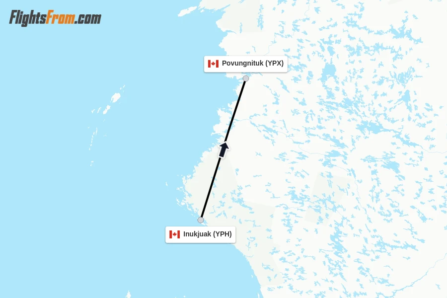 Flights from Inukjuak to Povungnituk route map