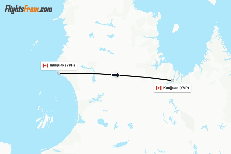 Flights from Inukjuak to Kuujjuaq route map