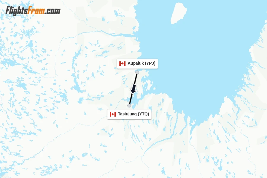 Flights from Aupaluk to Tasiujuaq route map