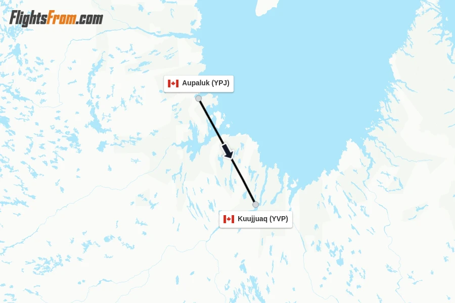 Flights from Aupaluk to Kuujjuaq route map
