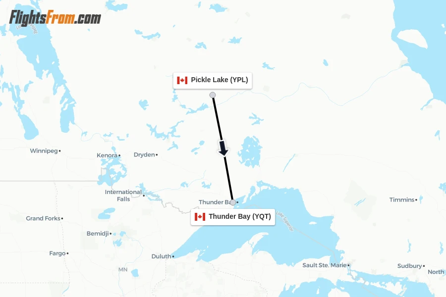 Flights from Pickle Lake to Thunder Bay route map