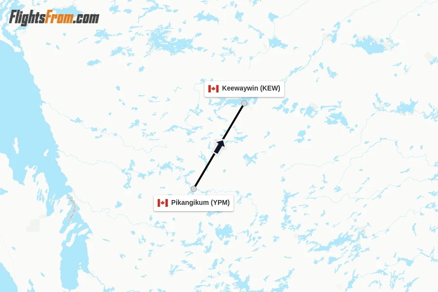 Flights from Pikangikum to Keewaywin route map