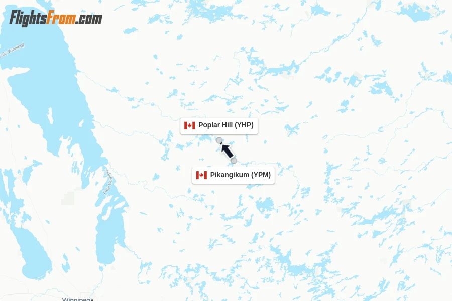 Flights from Pikangikum to Poplar Hill route map