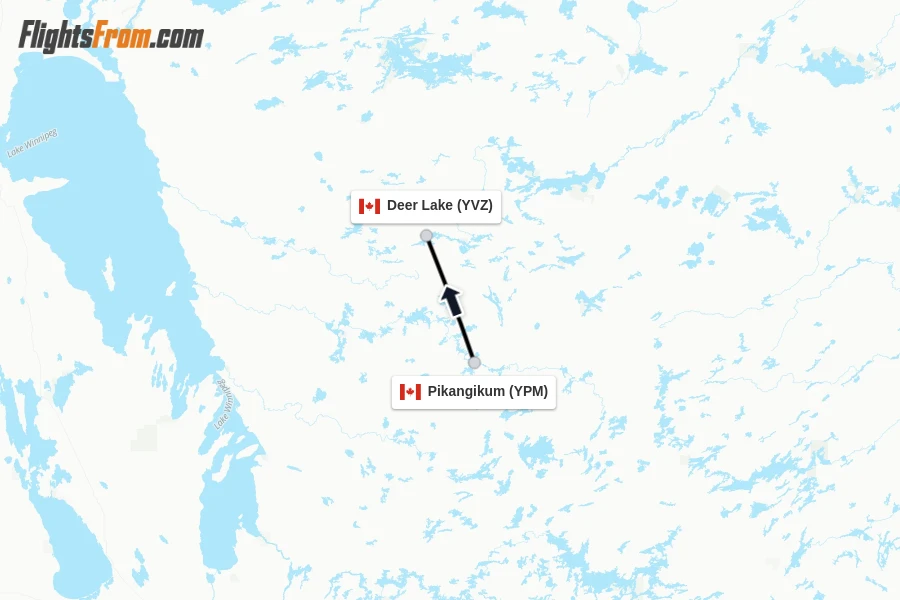 Flights from Pikangikum to Deer Lake route map