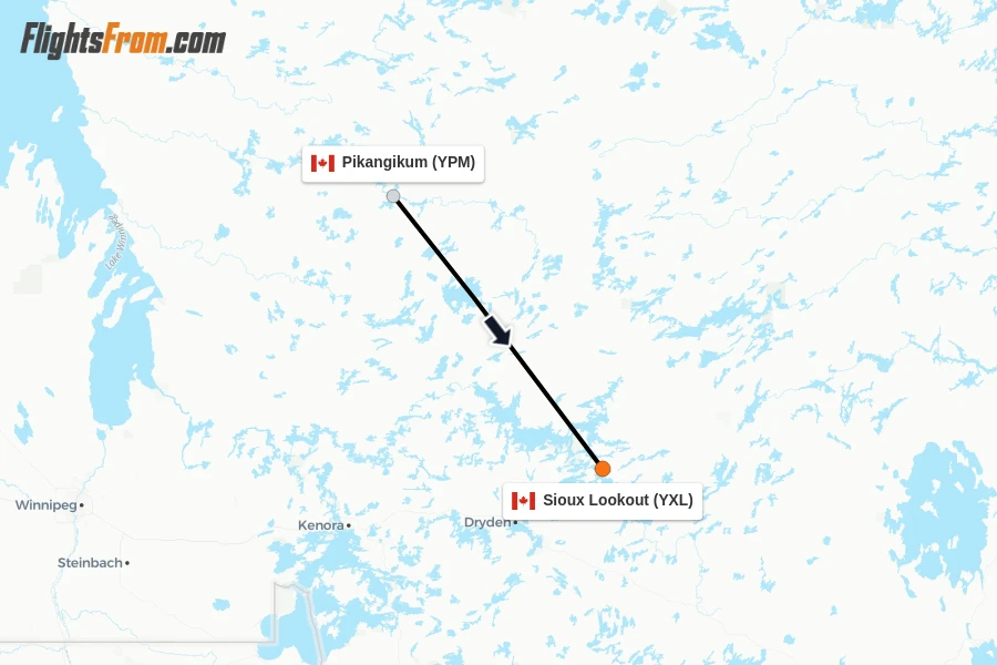 Flights from Pikangikum to Sioux Lookout route map